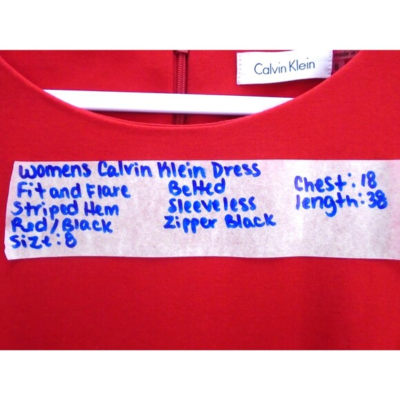 Calvin Klein Women's Fit & Flare Sleeveless Dress Size 8 Belted Red Striped Hem - Picture 4 of 10